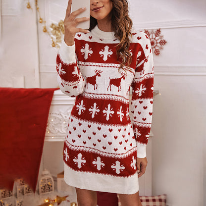 2024 Winter Knitted Deer Jacquard Sweater Dress - Long Sleeve Christmas Style