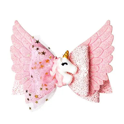 Unicorn Glitter Hair Bow Clips for Girls – Princess Wing Design